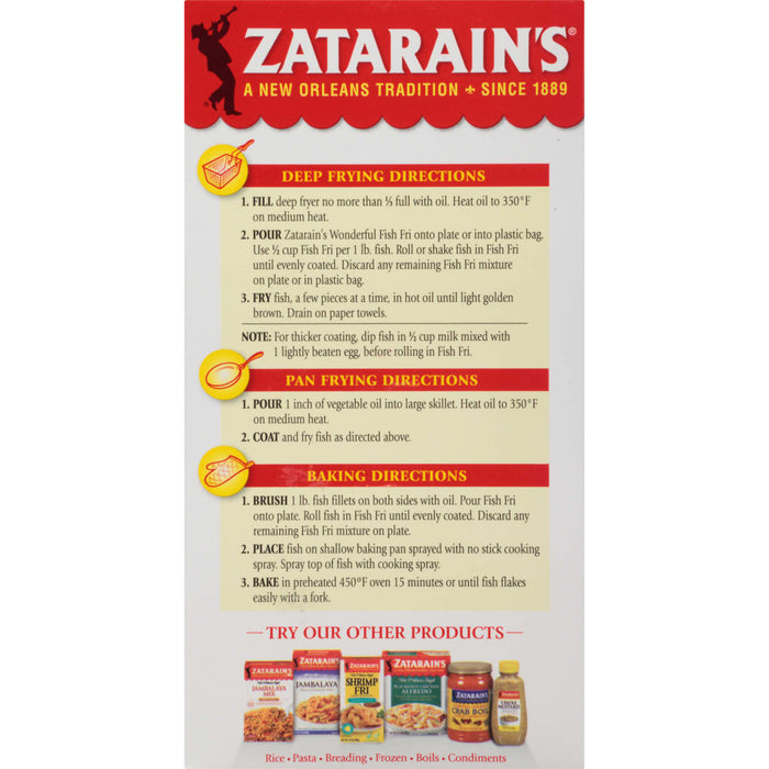 Zatarain's Fish Fri box with instructions for deep frying, pan frying and baking fish.