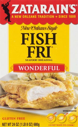 A box of Zatarain's New Orleans Style Fish Fri Seafood Breadding with a serving suggestion of fried fish.