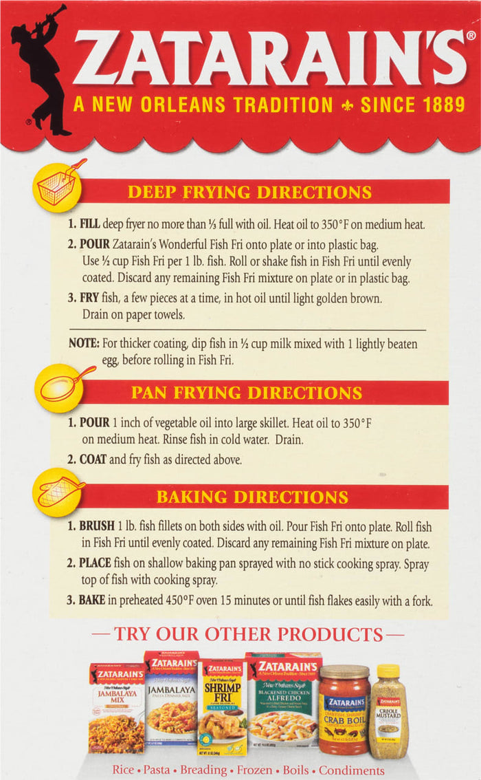 Zatarain's Fish Fri packaging with instructions for deep frying, pan frying, and baking fish.