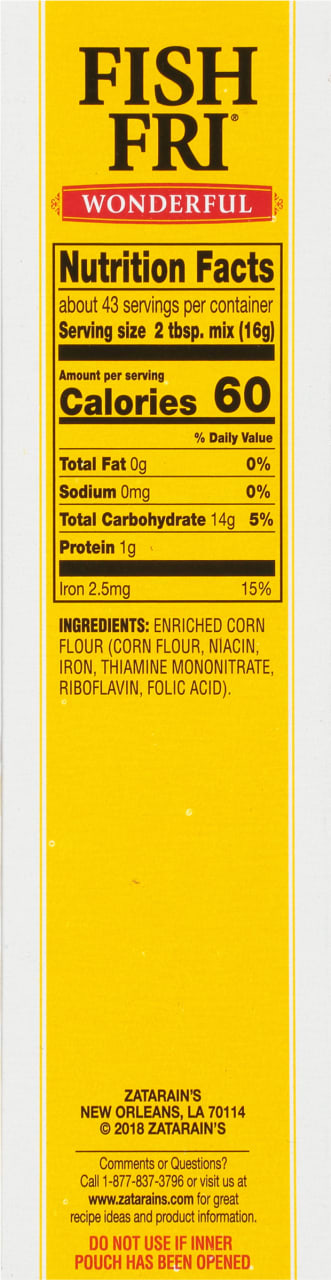 Nutrition facts label for Zatarain's Fish Fri.