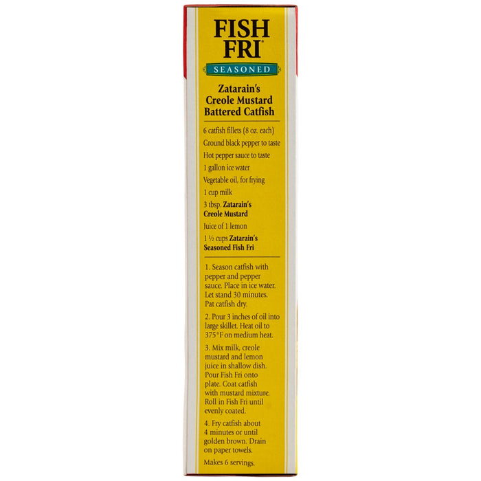 The side of a package of Zatarain's Seasoned Fish Fri shows a recipe for Zatarain's Creole Mustard Battered Catfish.