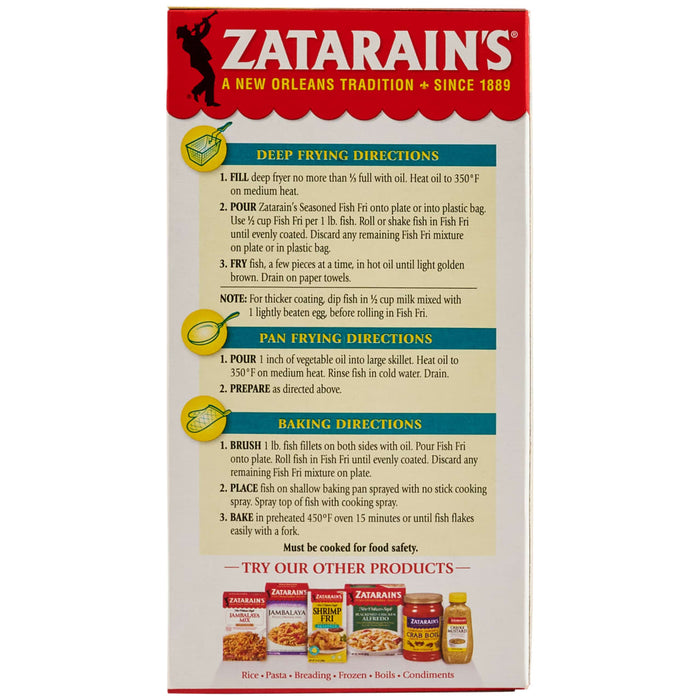 A box of Zatarain's Seasoned Fish Fri shows deep frying, pan frying, and baking directions, along with other Zatarain's products.