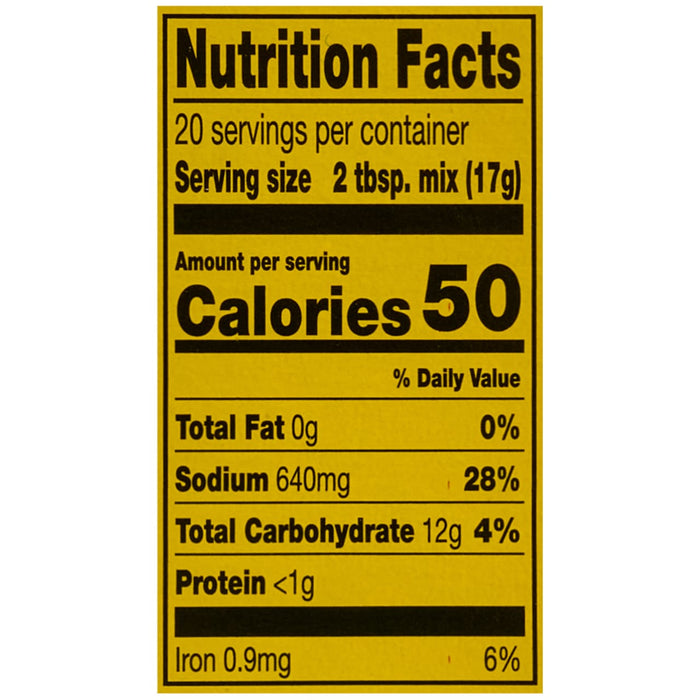 Nutrition facts label showing a serving size of 2 tbsp mix (17g) and 50 calories.