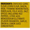 Ingredients list showing enriched corn flour, salt, spices including red pepper, citric acid, monosodium glutamate, garlic, onion, and lemon juice concentrate, likely for a McCormick product.