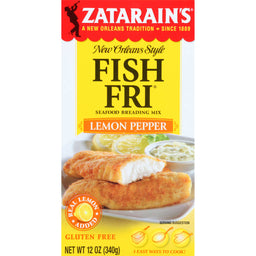 A box of Zatarain's New Orleans Style Fish Fri Lemon Pepper Seafood Bread Mix.