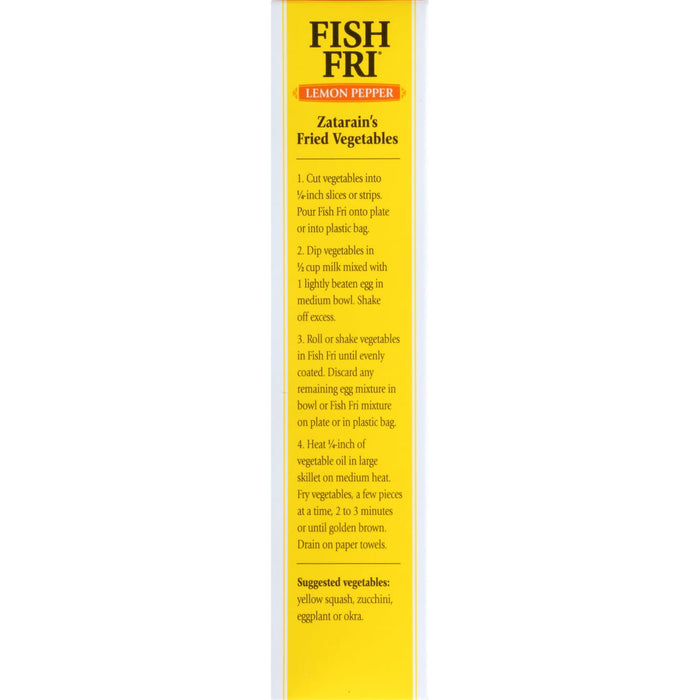 Zatarain's Fish Fri Lemon Pepper seasoning package with instructions for frying vegetables.