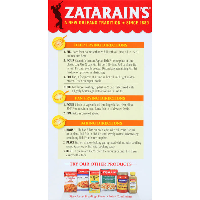 Zatarain's Lemon Pepper Fish Fri packaging with instructions for deep frying, pan frying, and baking.