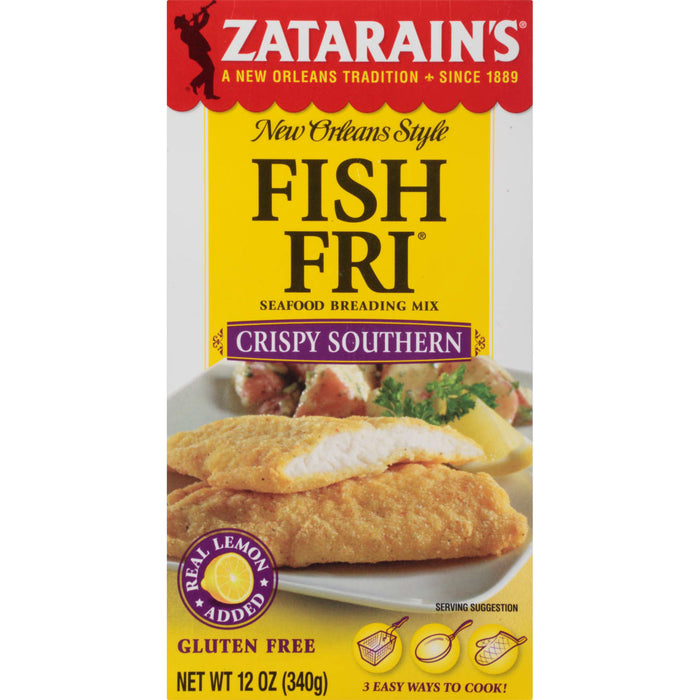 A box of Zatarain's New Orleans Style Fish Fri Crispy Southern Seafood Bread Mix.