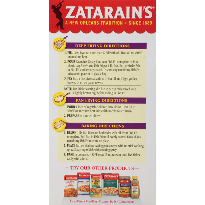 Zatarain's Fish Fri product packaging with instructions for deep frying, pan frying, and baking fish.