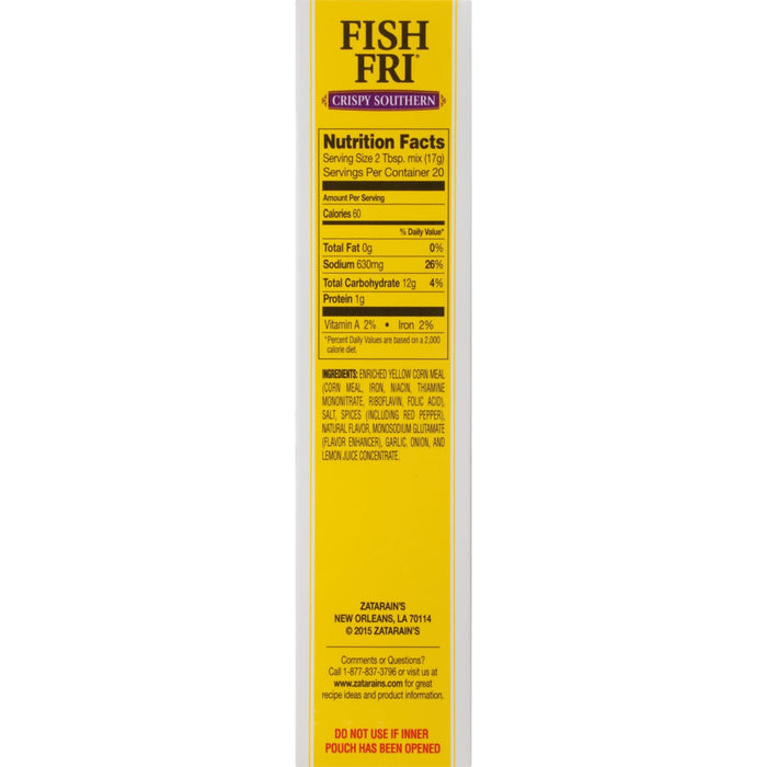 Zatarain's Fish Fri Crispy Southern nutrition facts and ingredients label.