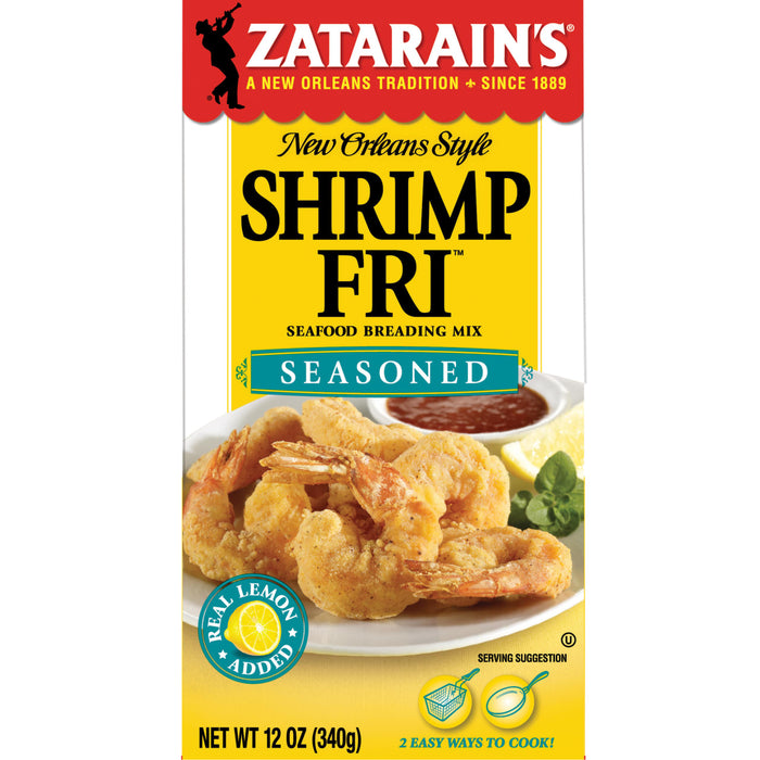 A box of Zatarain's New Orleans Style Shrimp Fri Seasoned Seafood Bread Mix with a picture of fried shrimp on the front.