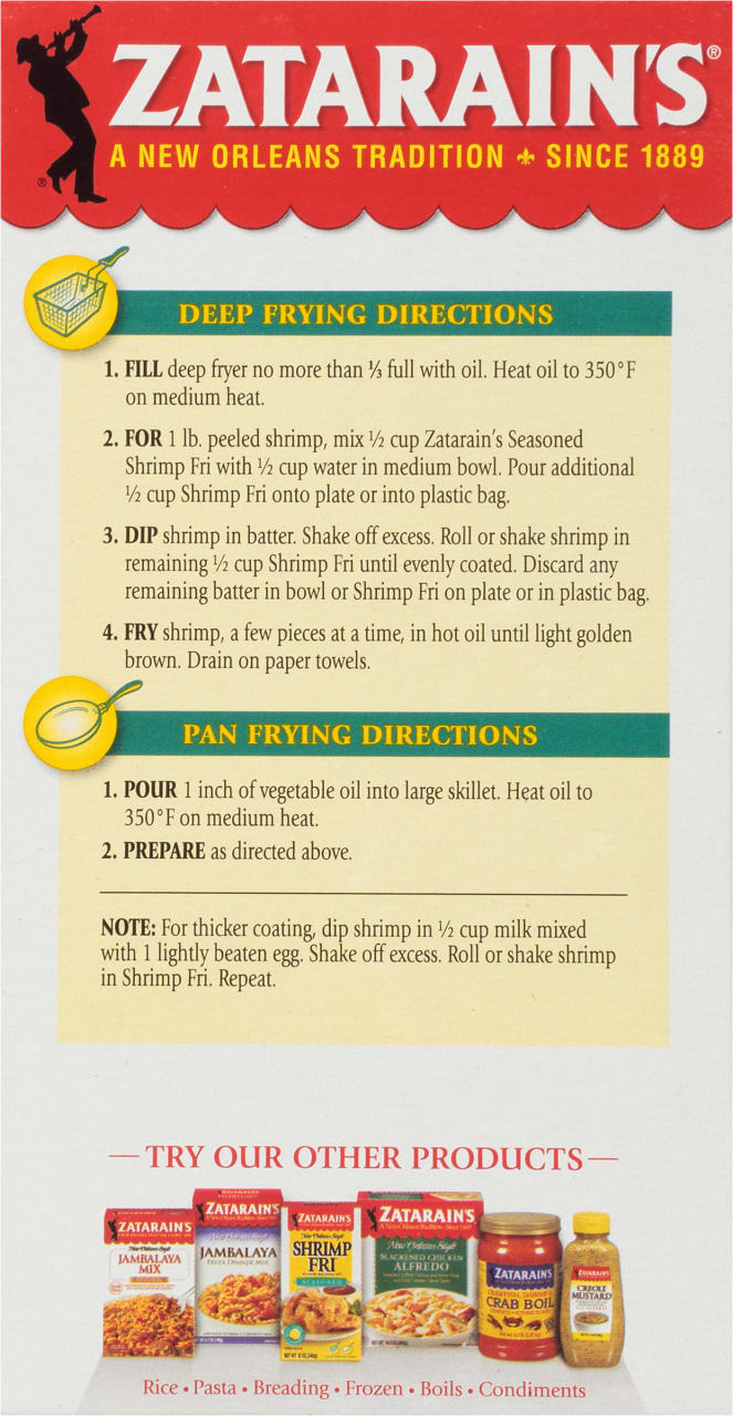 Zatarain's brand packaging with instructions for deep frying and pan frying shrimp, and a selection of other Zatarain's products.