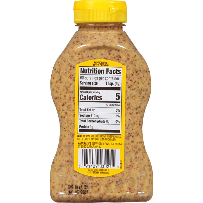 A bottle of Zatarain's Brown Mustard with nutrition facts and ingredients listed on the label.