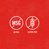Two white icons on a red background one says No MSG and the other says Gluten Free.