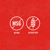 Two white icons on a red background one says No MSG and the other says Gluten Free.
