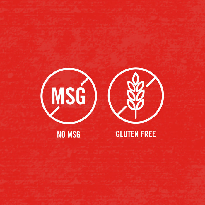 Two white icons on a red background one says No MSG and the other says Gluten Free.