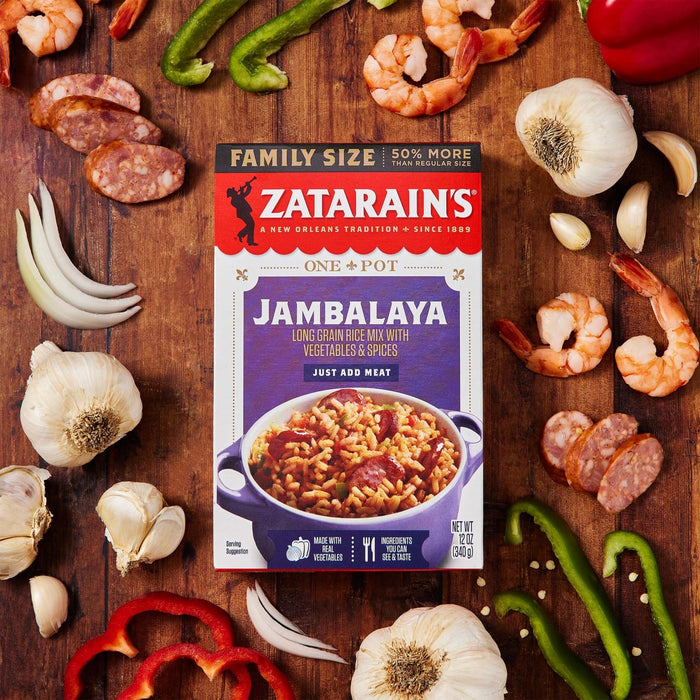 A box of Zatarains Jambalaya mix with ingredients like rice vegetables and spices.