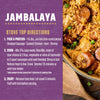 A purple background with instructions for making jambalaya with a photo of jambalaya in a pot on the right side.
