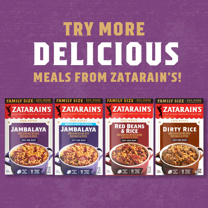 Four different Zatarains one-pot meals: Jambalaya Red Beans &amp; Rice Dirty Rice and Jambalaya (reduced sodium).