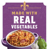 A purple label with gold lettering that says Made with Real Vegetables and a picture of a purple bowl of rice with sausage and vegetables