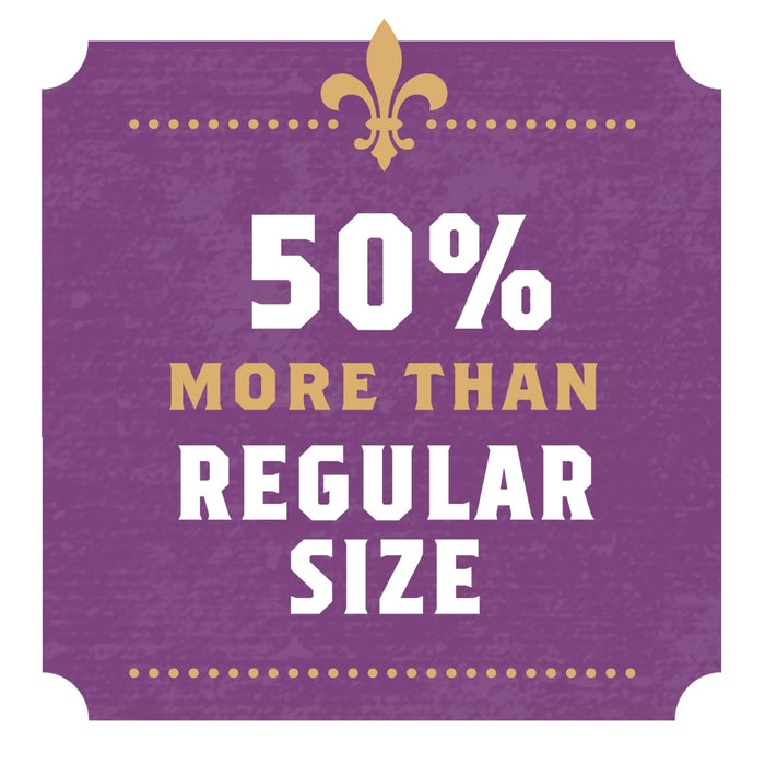 A purple sign with a gold fleur-de-lis at the top that says 50% more than regular size.