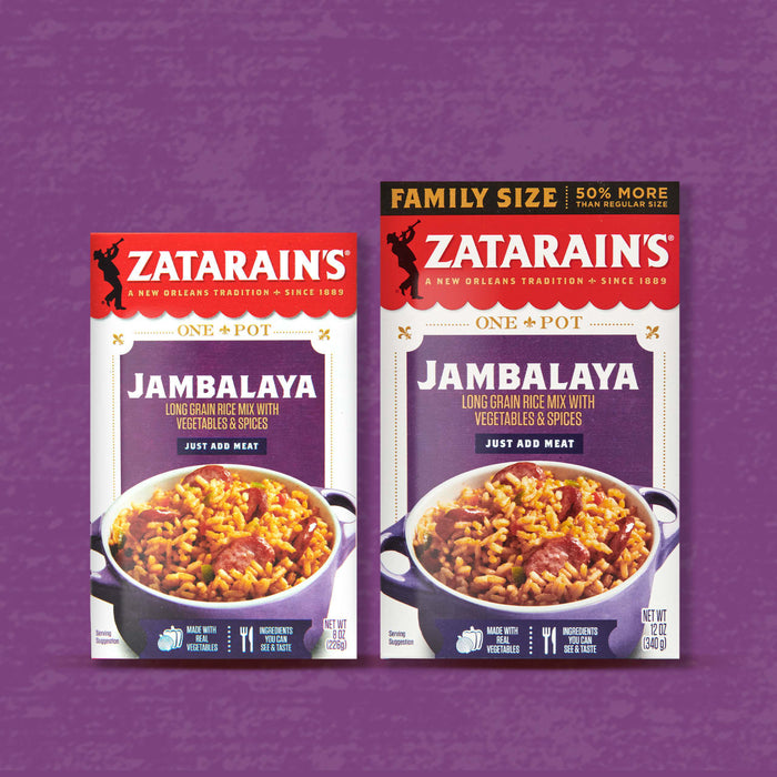 Two boxes of Zatarains Jambalaya mix one regular size and one family size.