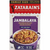 A family size box of Zatarains Regular Jambalaya Rice Mix Long Grain 12 Oz featuring a bowl of prepared rice with sausage and vegetables.
