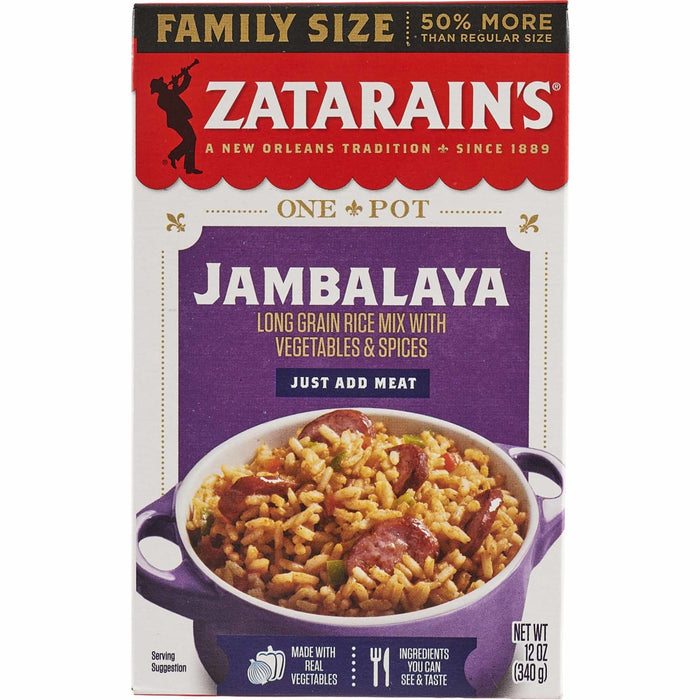 A family size box of Zatarains Regular Jambalaya Rice Mix Long Grain 12 Oz featuring a bowl of prepared rice with sausage and vegetables.
