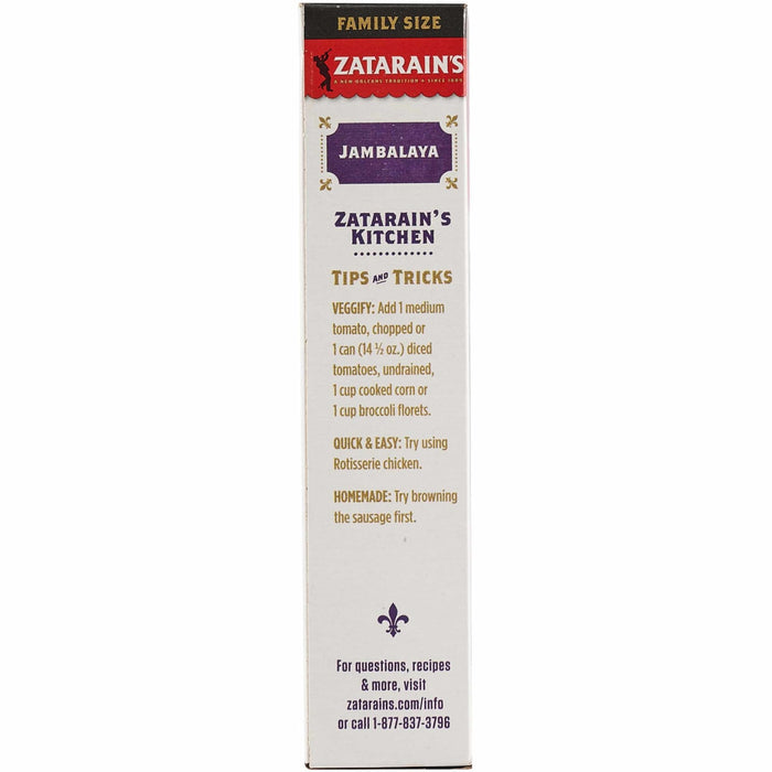 The side panel of a box of Zatarains Regular Jambalaya Rice Mix Long Grain 12 Oz features tips and tricks for adding vegetables, rotisserie chicken, or browned sausage to the meal.