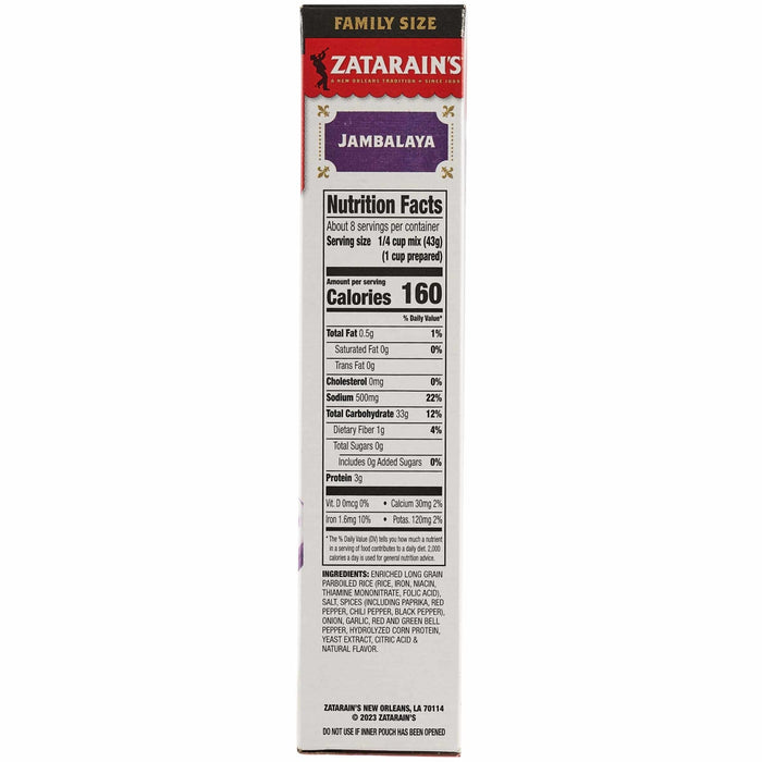 The side panel of a box of Zatarains Regular Jambalaya Rice Mix Long Grain 12 Oz displays the nutrition facts, ingredients list, and brand information.