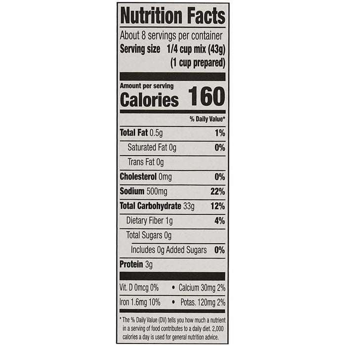 A nutrition facts label for Zatarains Regular Jambalaya Rice Mix Long Grain 12 Oz shows that a serving size of one quarter cup of dry mix contains 160 calories and 500 milligrams of sodium.