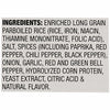 A close up view of the ingredient list for Zatarains Regular Jambalaya Rice Mix Long Grain 12 Oz which includes enriched long grain parboiled rice, salt, and various spices.