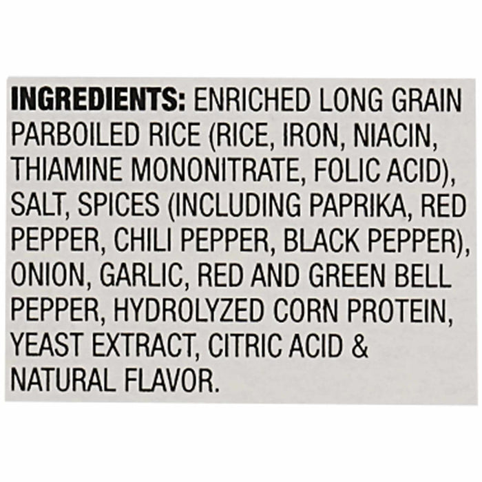 A close up view of the ingredient list for Zatarains Regular Jambalaya Rice Mix Long Grain 12 Oz which includes enriched long grain parboiled rice, salt, and various spices.