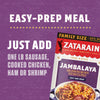 A box of Zatarains Jambalaya mix with a purple background and the text Easy-Prep Meal Just Add One LB Sausage Cooked Chicken Ham or Shrimp.