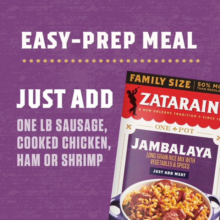 A box of Zatarains Jambalaya mix with a purple background and the text Easy-Prep Meal Just Add One LB Sausage Cooked Chicken Ham or Shrimp.