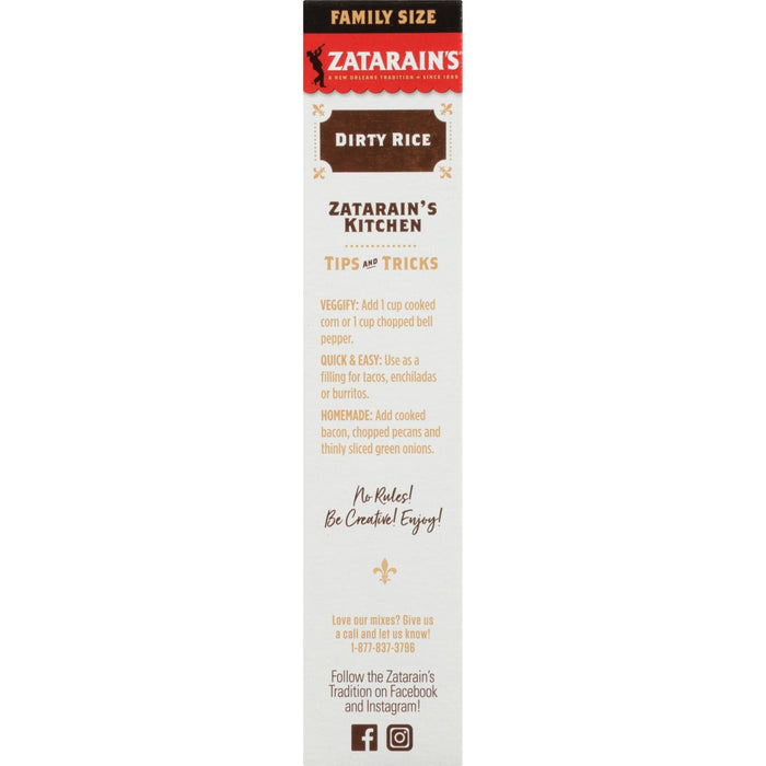 Zatarain's Dirty Rice packaging with tips and tricks for using the product.