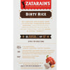 A box of Zatarain's Dirty Rice mix with instructions and a picture of red bell pepper, garlic, and a clove of garlic.