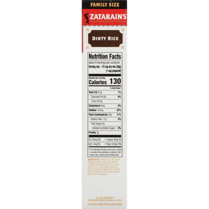 Zatarain's Dirty Rice nutrition facts and ingredients label.