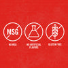 Three white icons on a red background with text below each icon: No MSG, No Artificial Flavors, Gluten Free.