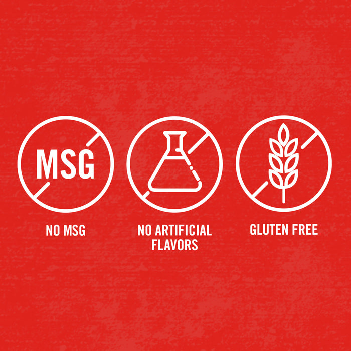 Three white icons on a red background with text below each icon: No MSG, No Artificial Flavors, Gluten Free.