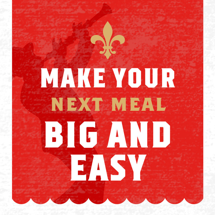 A red and white graphic with a silhouette of a person playing a trumpet and the text Make your next meal big and easy.