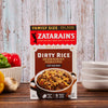 A box of Zatarain's Dirty Rice with a serving suggestion of the rice with meat.