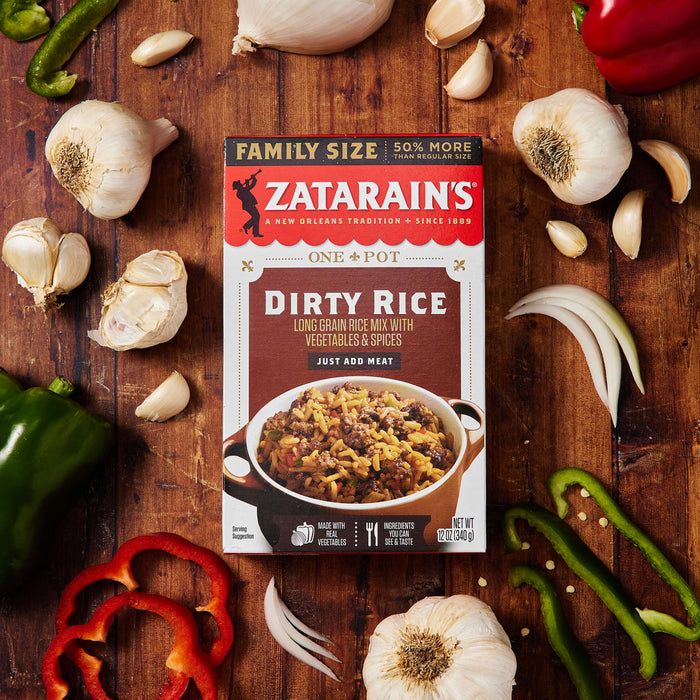 A box of Zatarain's Dirty Rice mix with ingredients and serving suggestion.