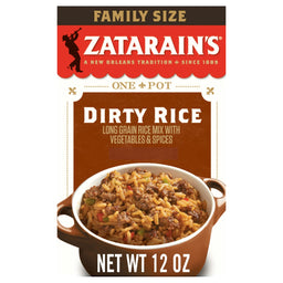 A box of Zatarain's Dirty Rice, a long grain rice mix with vegetables and spices.