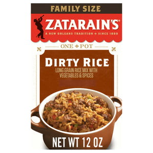 A box of Zatarain's Dirty Rice, a long grain rice mix with vegetables and spices.