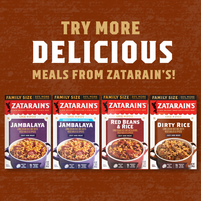 Four boxes of Zatarain's one-pot meals: Jambalaya, Jambalaya (reduced sodium), Red Beans &amp; Rice, and Dirty Rice.
