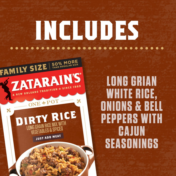 A box of Zatarain's Dirty Rice mix with a picture of the finished product on the front.