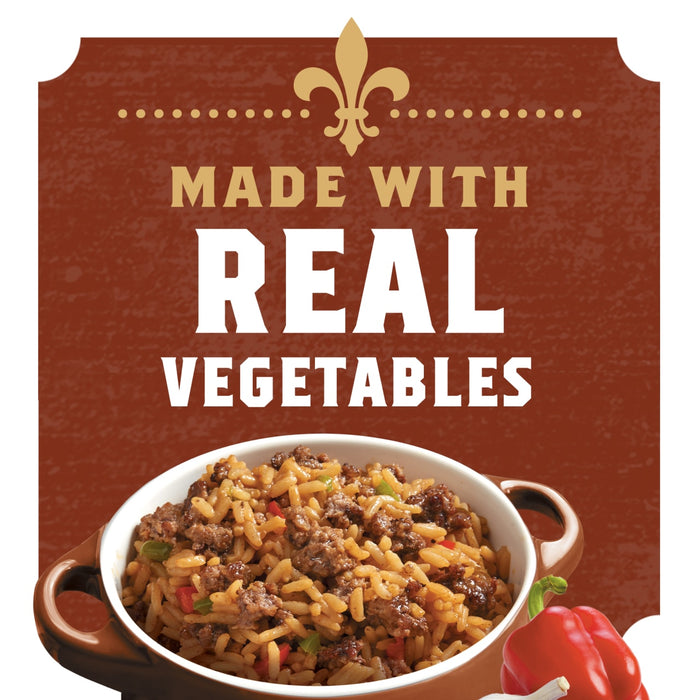 A brown and white bowl of rice with ground beef and vegetables, with the text Made with Real Vegetables on a brown background.