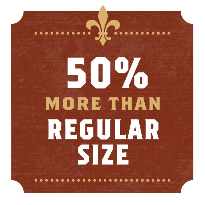 A brown sign with a gold fleur-de-lis at the top and the text 50% more than regular size in white.