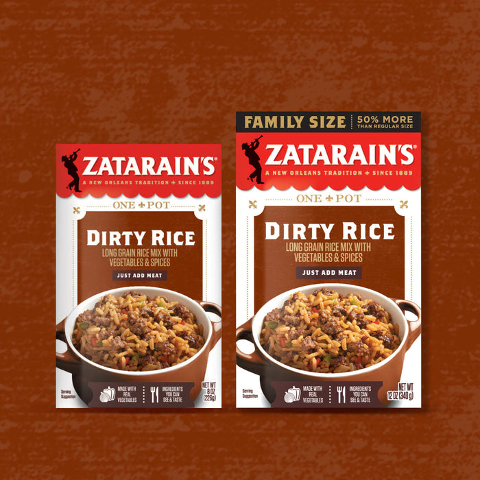 Two boxes of Zatarain's Dirty Rice, one family size and one regular size.